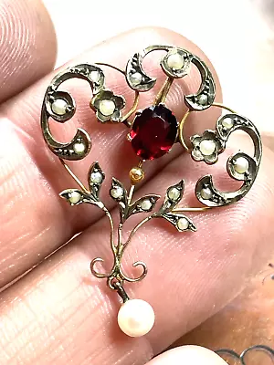 Antique Edwardian 9ct Gold Pendant Red Garnet Seed Pearls 3.5 Cm Long 1900s • £0.99