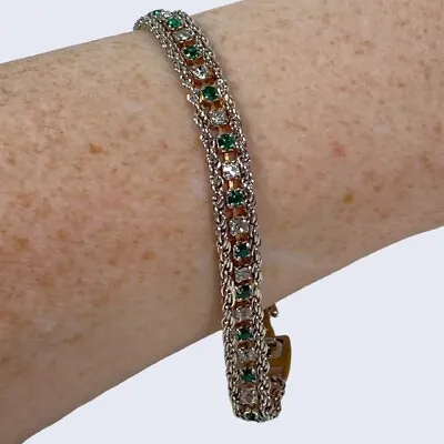 VTG Tennis Bracelet Green Clear Rhinestone Fashion Jewelry Double Twisted Rope • $16.95