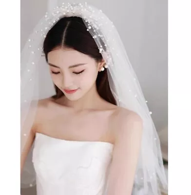 White Bridal Lace Veil Comb Bride Hen Do Wedding Korean Pearl Puffy 2024 Bridal • £7