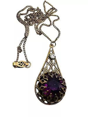 Vintage Gold Filled Filigree Purple Glass Stone Necklace 18  • $15