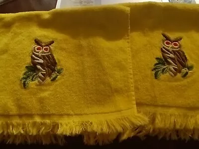 2 Vintage MARTEX Hand Towels OWL  Yellow Fringe 100% Cotton SOFT • $9