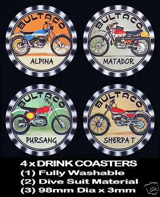 4 X BULTACO ALPINA MATADOR PURSANG SHERPA MOTORCYCLE MOTOR CYCLE DRINK COASTERS • $12.95