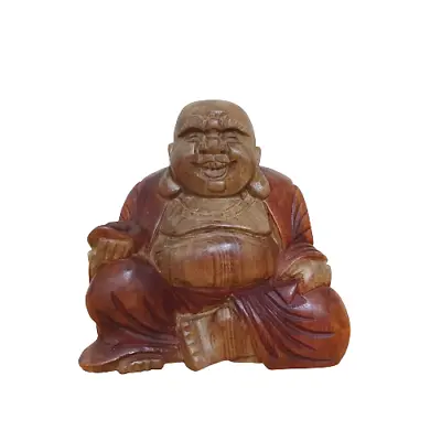 Hand Carved 10cm Wooden Laughing Buddha Sculpture Statue Ornament. Buddhas • £15