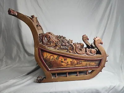 Antique German Carved Wooden Sleigh Hand Painted Scenes • $1399.99
