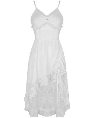 Dark In Love Steampunk Evening Dress White Lace Gothic Cross Boho Asymmetric VTG • $65.34