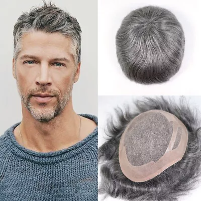 Grey Mens Toupee Human Hair Lace Pu Male Wig Replacement System 8x10 Hairpiece • $126.99