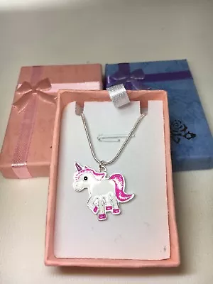 Childrens Girls Pink Unicorn Silver Plated Necklace Glittery With Free Gift Box • £3.79