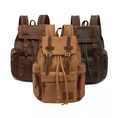 Men Women  Canvas Leather Backpack Satchel Rucksack School Bag For Outdoor • $50.34