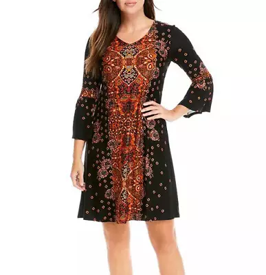 New Directions Orange Paisley Dress Black Print Size Small Shift Flowy Sleeves • $11.20