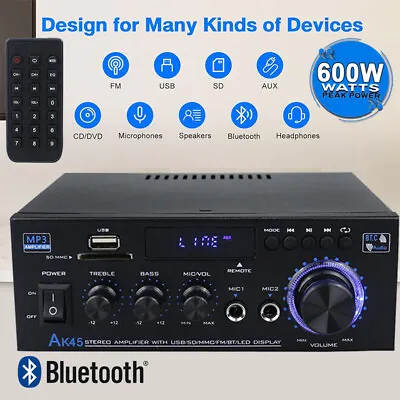 Digital Power Amplifier Bluetooth Stereo HiFi Audio  USB SD FM Car Home Remote • £26.99