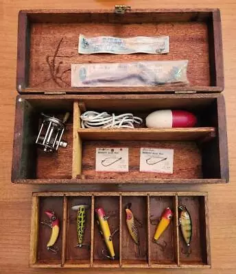 15 LOT ANTIQUE TACKLE BOX  WITH  LURES 1900s FERNWOOD REEL FREE US SHIPPING • $99.99