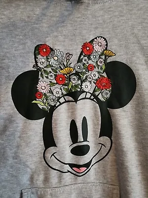 Disney Minnie Mouse Sweater Womens Small Gray Embroidered Flowers Hooded 71868 • $20