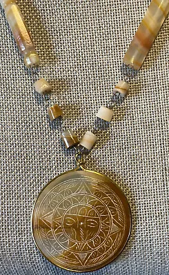 STUNNING Vintage High End MAYAN AZTEC ETCHED AGATE 17  NECKLACE • $40