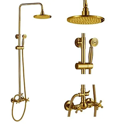 Gold Brass Wall Mounte Bathroom Shower Set Faucet 8  Rain Double Hand Mixer Taps • $285