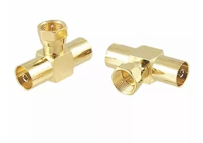 F Male To Double PAL Female RF Coaxial T Type Adapter Connector - 2 Pcs • £0.99