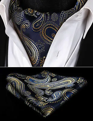 Men Ascot  Paisley Navy Gold Cravat Handkerchief Neck Ties Wedding Silk  • £4.99