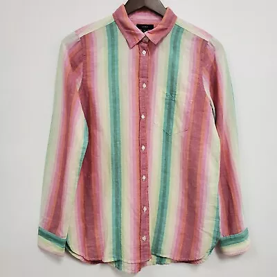 J Crew Womens Classic Fit Button Up Boy Shirt Size 6 Striped Long Sleeve Linen • $34.88