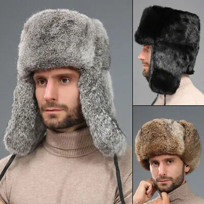Genuine Hat Rabbit Fur Earflap Ski Trapper Cap Ushanka Russia Winter Real Mens • £17.75