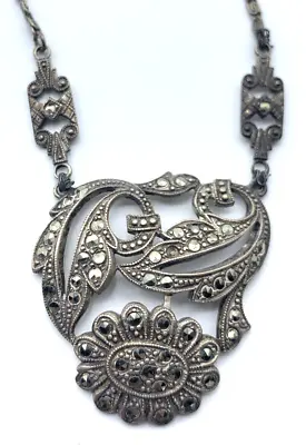 Sterling Silver Marcasite Flower Pendant Necklace Art Deco Style READ • $34.50