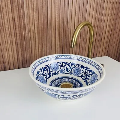 Ceramic Sink For Bathroom Handmade Moroccan Sink Blue Ceramic Top Sink Basin • $247