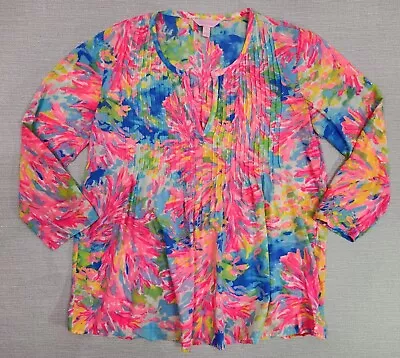 Lilly Pulitzer Daylen Tunic Small Neon Pink Multi Color V-neck Popover Blouse • $28.98