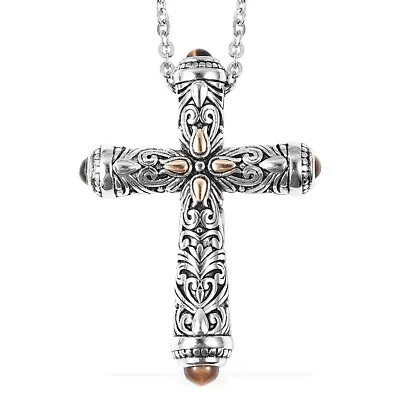 $19.48 • Buy Women Tiger Eye Cross Pendant Necklace ION Plated Swirl Jewelry Sterling Silver