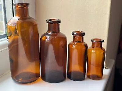 £5 • Buy FOUR NICE AMBER GLASS ROUND CHEMIST MEDICINE BOTTLES C1920s