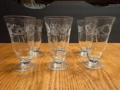 Vtg Set Of 6 Etched Floral Glass Stemmed Juice Glasses 4 1/2  • $9.99
