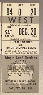 1986 Dec.20 Maple Leaf Garden Buffalo Vs Toronto WEST Sec.94 Row P Seat 20 • $29.99