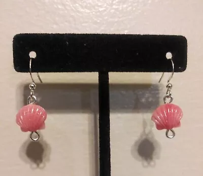 Small Pink Carved Coral Scallop Shell Shaped Beaded Dangle Earrings Summer Beach • $6