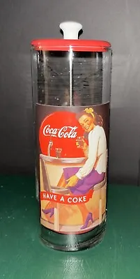Vintage Coca Cola Glass Holder Straw Dispenser 1980's Red White & Clear • $18
