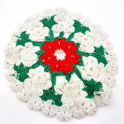 Vintage Crochet Knit Christmas Doily Poinsettia Flower Handmade Red Green 14  • $9.89