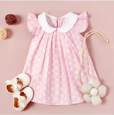 Size 6-9m To 18-24m Baby Dress Pink Polka Dot Doll Collar Dress  - Select Size  • £12.89