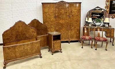 Antique Country French Claw Feet Burl Walnut 7 Piece Bedroom Set Twin Beds C1920 • $22500