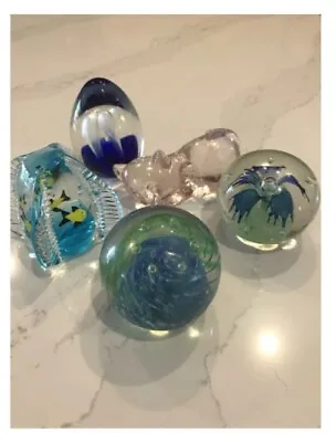 LOT OF 5 GLASS PAPERWEIGHTS MURANO/MURANO STYLE ALL BEAUTIFUL DESIGNS LikeNew • $89.99