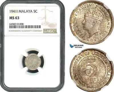 AH419 Malaya George VI 5 Cents 1941 I Calcutta Mint Silver NGC MS63 • $79
