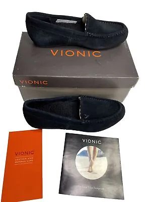 Vionic Mckenzie Black Suede Slippers Slip On Loafer Faux Fur Womens Size 5M New • £37.60