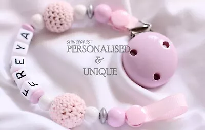 Pink Crochet Dummy Clip Personalised Dummy Chain Pacifier Clip For Baby Girl • £9.45