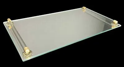 Vintage Glass Vanity Footed Mirror Tray Lucite Handles Brass Tone Floral Accents • $21.99
