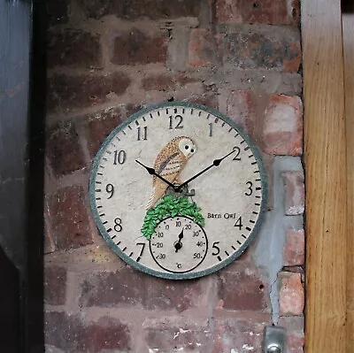 £16.95 • Buy Garden Wall Station Clock Thermometer Outdoor Indoor 12 Inch Bird Owl  Design