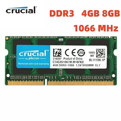 £21.62 • Buy CRUCIAL DDR3 4GB 8GB 1066 MHz PC3-8500 Laptop SODIMM 204-Pin Memory RAM 8G 4G