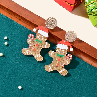 $1.99 • Buy Christmas Gift Sparkling Acrylic Gingerbread Man With Candy Cane Dangle Earrings