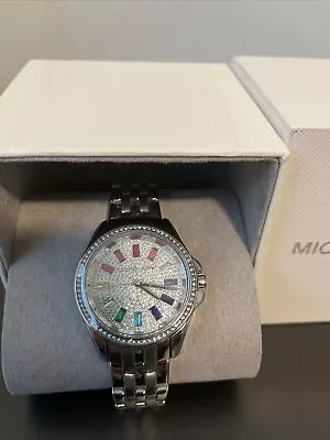 Michael Kors Mini Pilot Rainbow Baguette Watch Pave Crystal Dial Silver Steel • $125