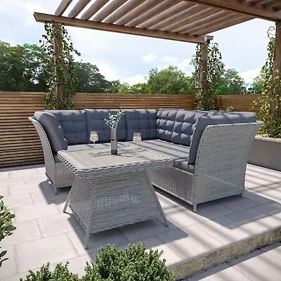 Grey Rattan Garden Corner Sofa Set 5 Seater With Table And Cushions • £839.92
