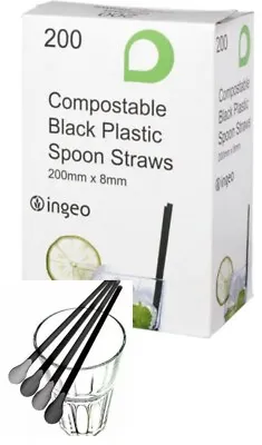 Compostable Black Plastic Spoon Straws 200mm X 8mm For Slush Smoothies Milkshake • £2.19