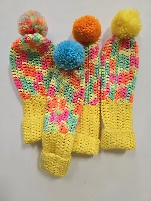 Hand CROCHET Golf Club Covers- Yellow PINK Vintage Style With Pinks Pom Poms  • $24