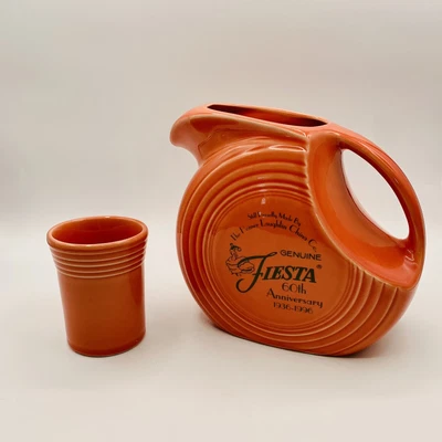 $29.95 • Buy Vintage Fiestaware Persimmon 60th Anniversary Disk Pitcher And Glass EUC