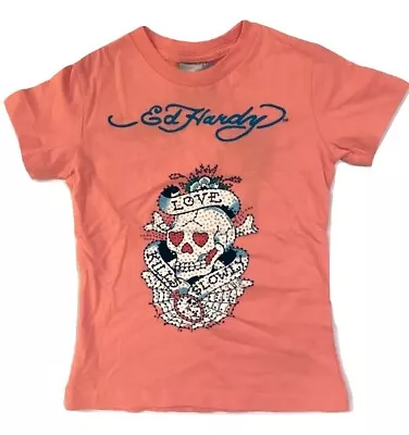 Ed Hardy Girl's T-Shirt LOVE KILLS SLOWLY With Rhinestones Size 4 • £23.55