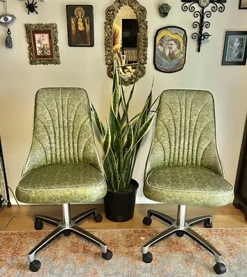 Set Of 2 Chromcraft Green Floral Vinyl Swivel Mid Century Modern Dining Chairs • $100
