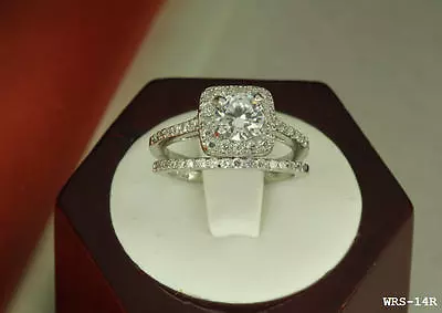 Solid Sterling Silver Vtg Round Cz Pave Bridal Engagement Wedding Halo Ring Set • $24.99